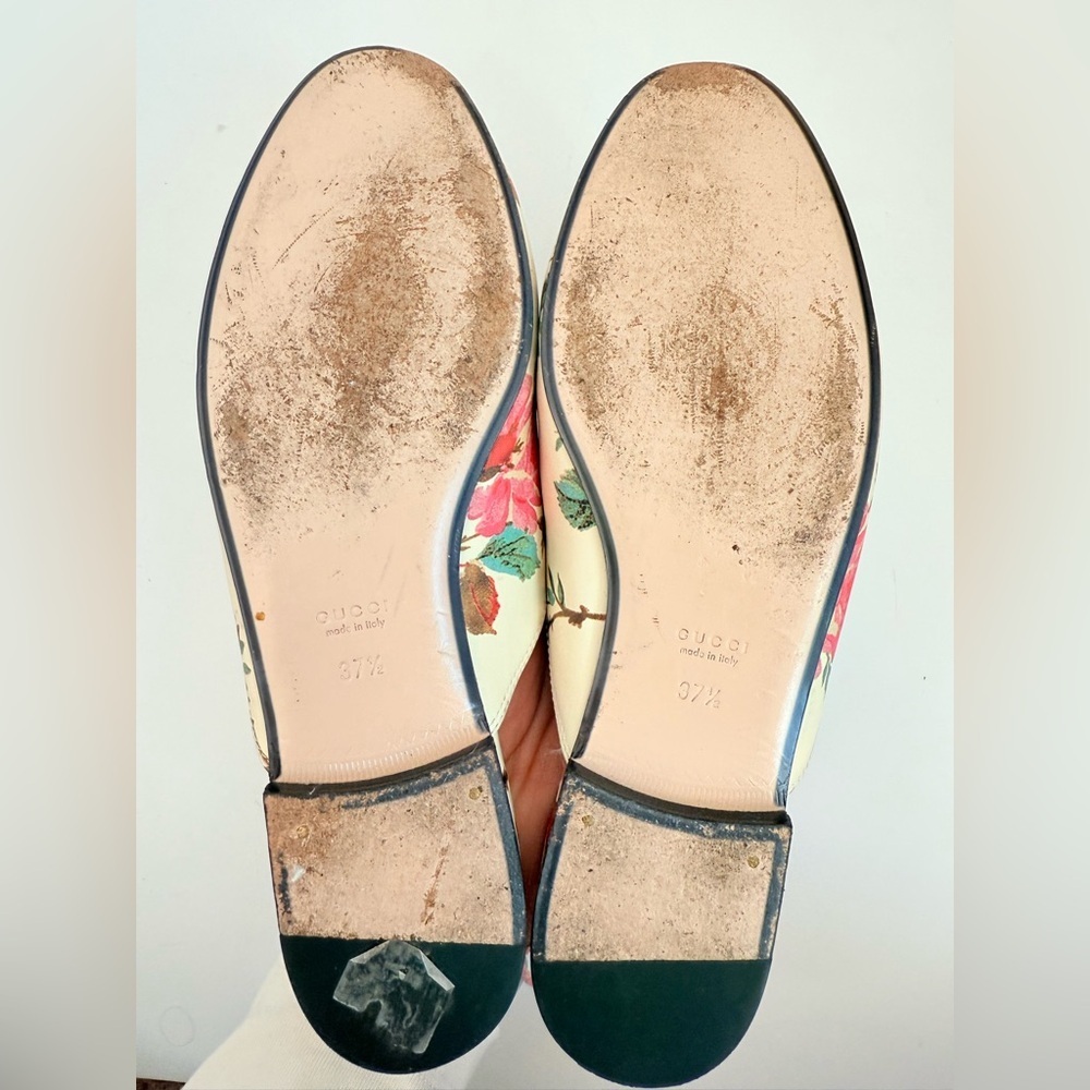 Gucci Cream Floral Leather Horsebit Mules with Pink Accents - Picture 6 of 9